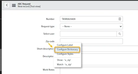 Form with fields: Number, Request type, Select user, Zip code, Short description, Description, Work Notes. Context menu open…