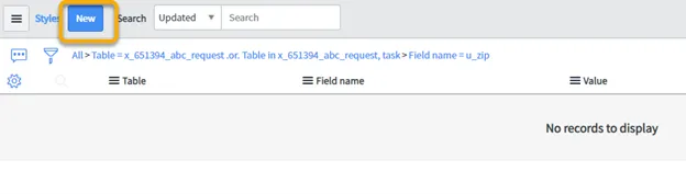 UI shows a ‘New’ button highlighted, with table headers for ‘Table’, ‘Field name’, and ‘Value’.
