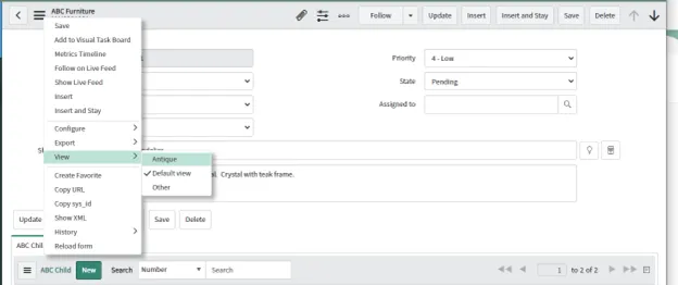 Menu open: View > Antique, Default view, Other. Default view is checked.