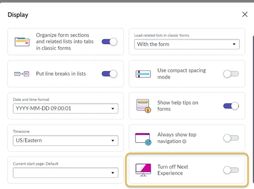 Display settings with toggle for ‘Turn off Next Experience’ highlighted.