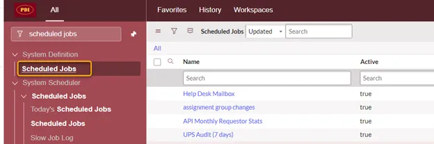 UI shows System Definition > Scheduled Jobs selected, with a list of jobs including ‘Help Desk Mailbox’.