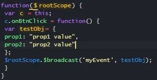 Code snippet showing a JavaScript function broadcasting an event with an object.