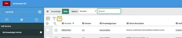 ServiceNow UI: Search bar with ‘my know’, ‘All’ filter selected, and a list of knowledge articles.